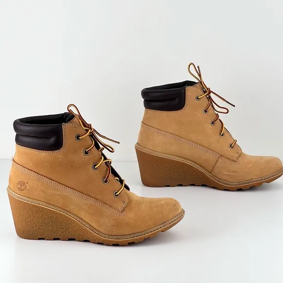 Timberland Women's Amston 6&quot; Inch Wheat Nubuck Wedge Lace Boots SZ 8.5