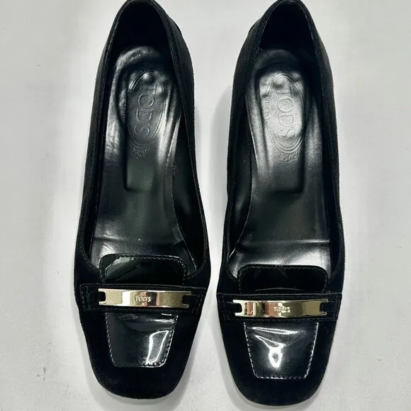 TODS Black Suede Pumps Heels Gold Buckles Shoes Womens US Size 8.5, EU 39, UK 6