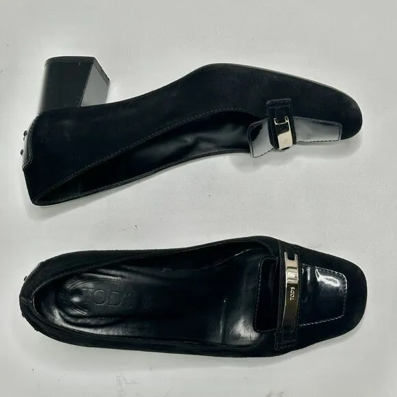 TODS Black Suede Pumps Heels Gold Buckles Shoes Womens US Size 8.5, EU 39, UK 6