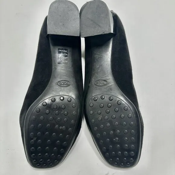 TODS Black Suede Pumps Heels Gold Buckles Shoes Womens US Size 8.5, EU 39, UK 6