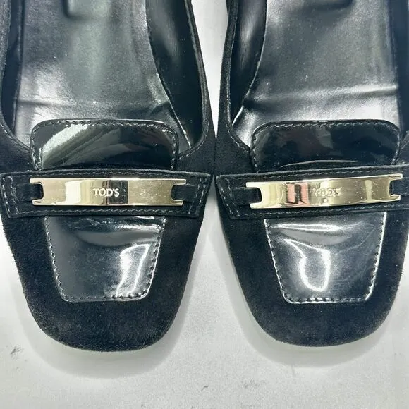 TODS Black Suede Pumps Heels Gold Buckles Shoes Womens US Size 8.5, EU 39, UK 6