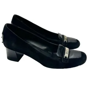 TODS Black Suede Pumps Heels Gold Buckles Shoes Womens US Size 8.5, EU 39, UK 6