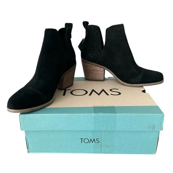 TOMS Women's Black Ankle Boots Toms Everly Cutout Black Suede Waffle Boots 7.5