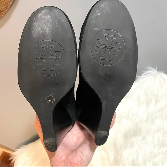 Tory Burch Adrienne Suede Black Shoes Leather Wedge Ankle Bootie Heels