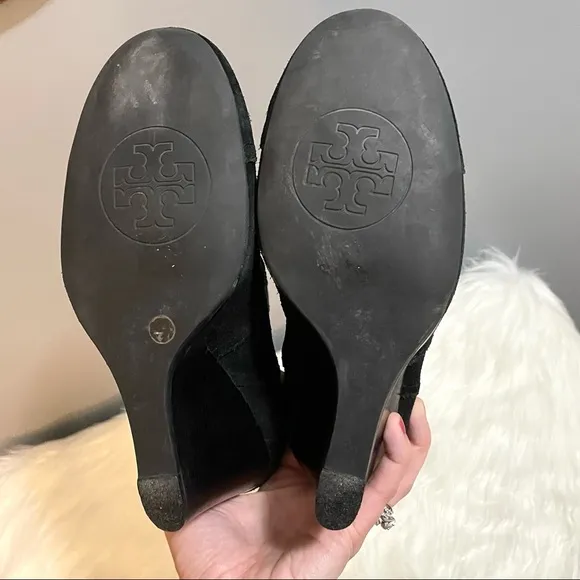 Tory Burch Adrienne Suede Black Shoes Leather Wedge Ankle Bootie Heels
