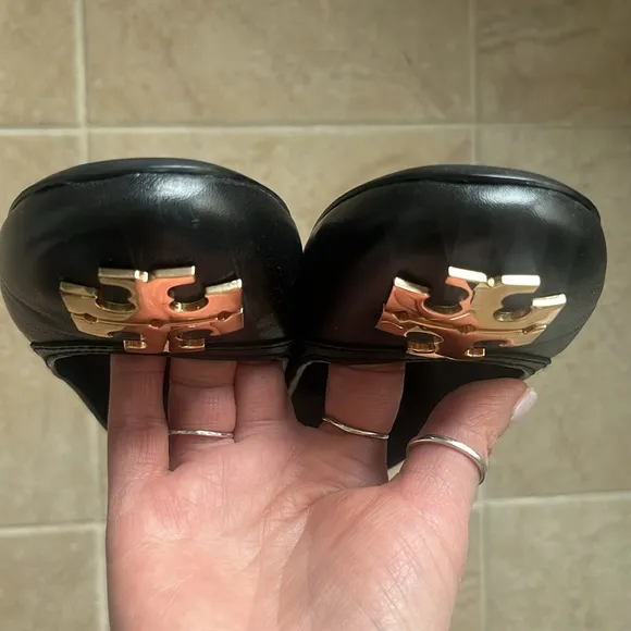 Tory Burch Black Leather Ballet Flats with large Golden Logo