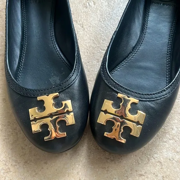 Tory Burch Black Leather Ballet Flats with large Golden Logo
