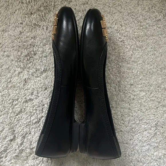 Tory Burch Black Leather Ballet Flats with large Golden Logo