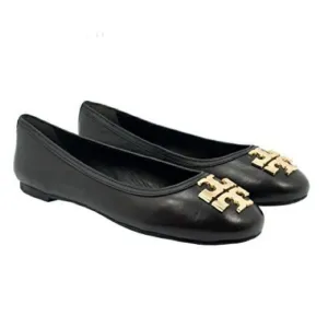Tory Burch Black Leather Ballet Flats with large Golden Logo