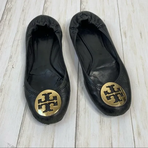 Tory Burch Black Leather Minnie Ballet Flats