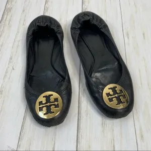 Tory Burch Black Leather Minnie Ballet Flats