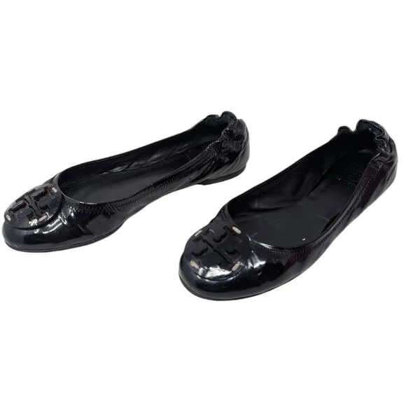 Tory Burch Black Patent Leather Minnie Ballet Flats Logo 6.5
