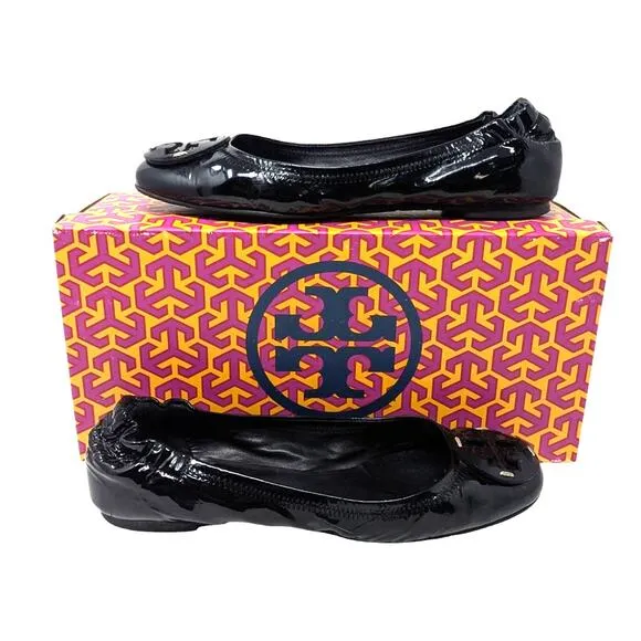 Tory Burch Black Patent Leather Minnie Ballet Flats Logo 6.5