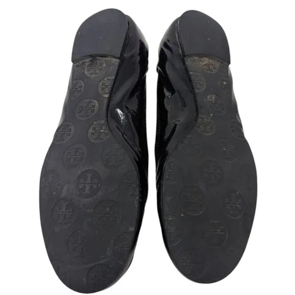 Tory Burch Black Patent Leather Minnie Ballet Flats Logo 6.5