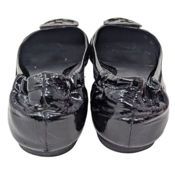 Tory Burch Black Patent Leather Minnie Ballet Flats Logo 6.5