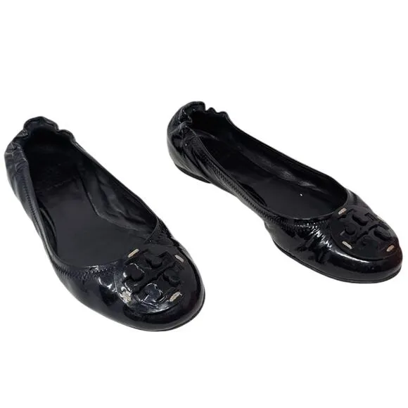 Tory Burch Black Patent Leather Minnie Ballet Flats Logo 6.5