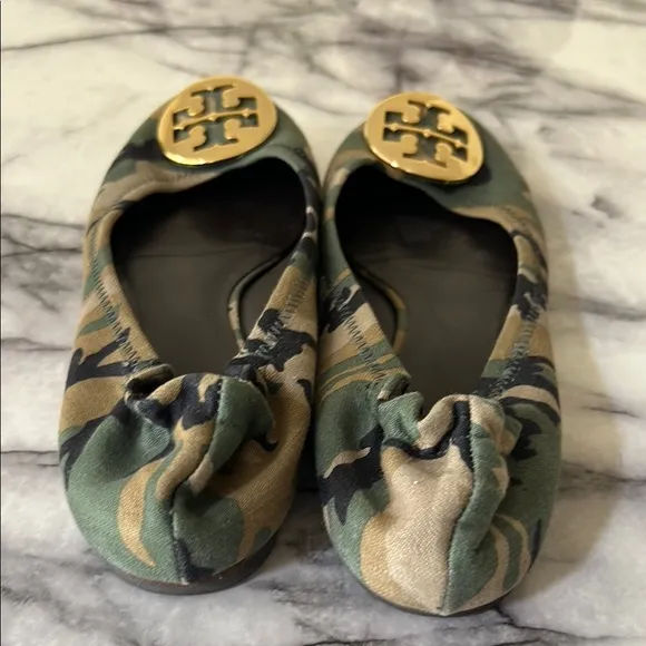 Tory Burch Canvas Camouflage Reva Ballet Flats with Gold Accents