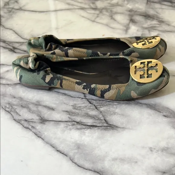 Tory Burch Canvas Camouflage Reva Ballet Flats with Gold Accents