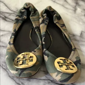 Tory Burch Canvas Camouflage Reva Ballet Flats with Gold Accents