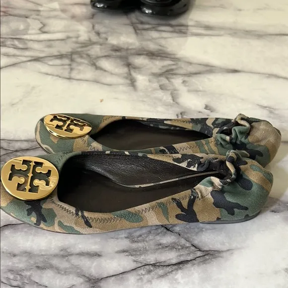Tory Burch Canvas Camouflage Reva Ballet Flats with Gold Accents