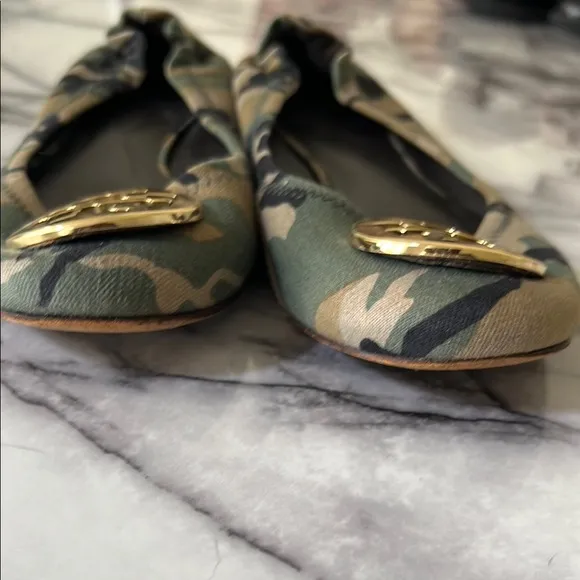 Tory Burch Canvas Camouflage Reva Ballet Flats with Gold Accents