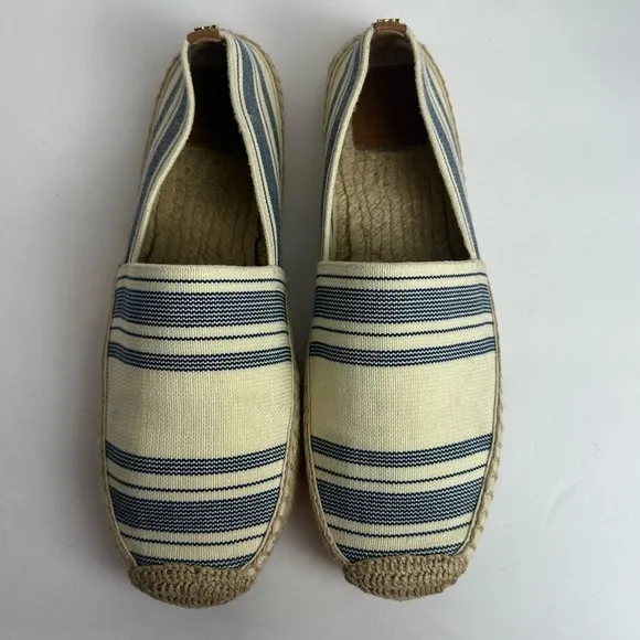 Tory Burch Cream Blue Striped CanvasEspadrilles Flats Womens Size 10.5