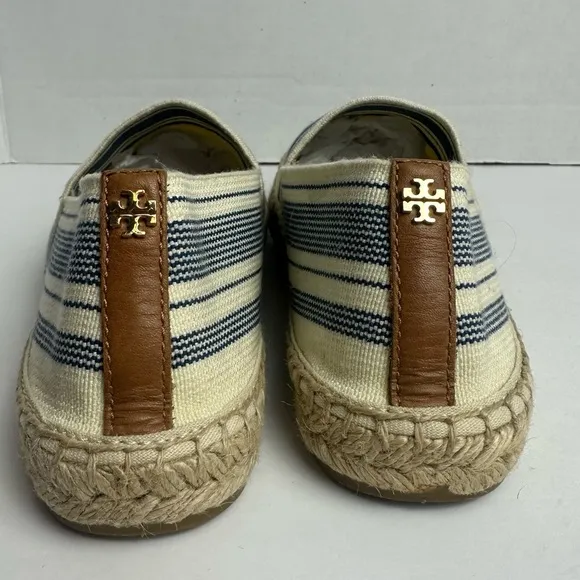 Tory Burch Cream Blue Striped CanvasEspadrilles Flats Womens Size 10.5