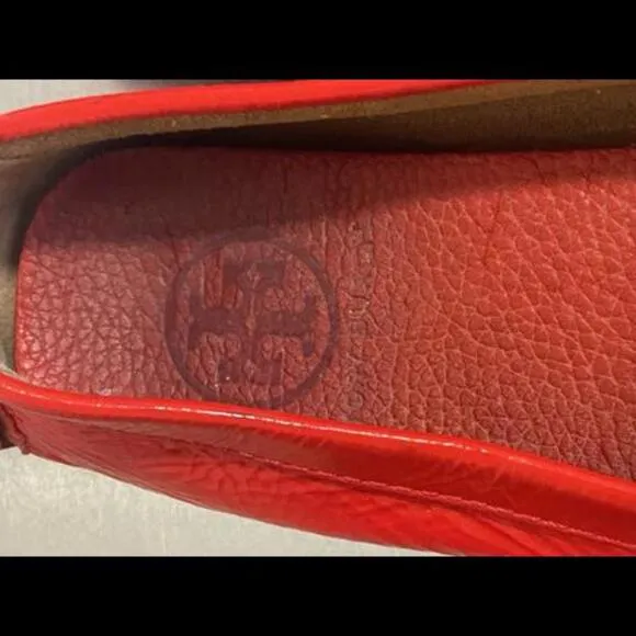 Tory Burch Designer Red Patent Crinkle Leather Flat Loafers Shoes Sz 7