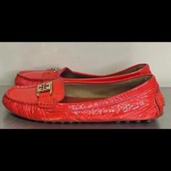 Tory Burch Designer Red Patent Crinkle Leather Flat Loafers Shoes Sz 7