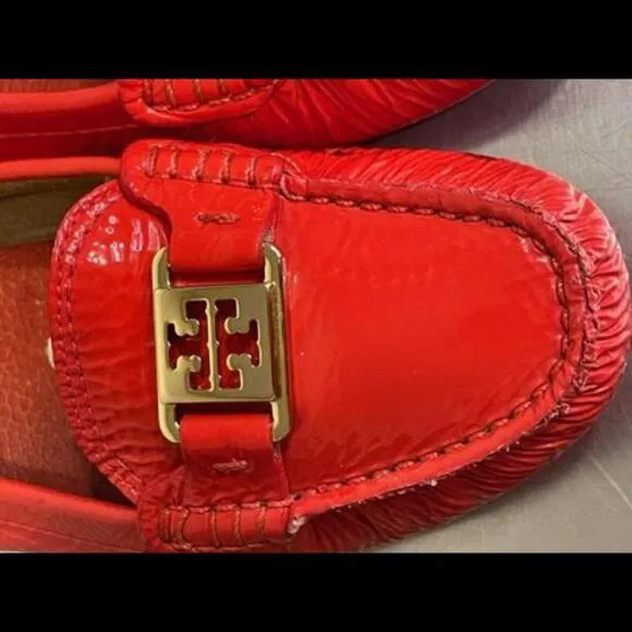 Tory Burch Designer Red Patent Crinkle Leather Flat Loafers Shoes Sz 7