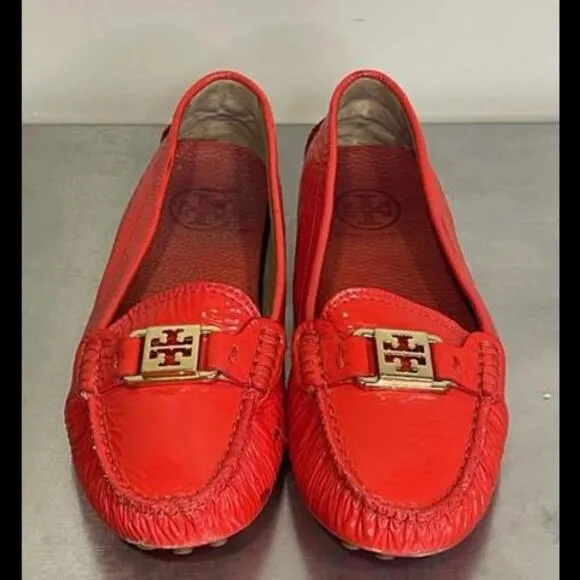 Tory Burch Designer Red Patent Crinkle Leather Flat Loafers Shoes Sz 7