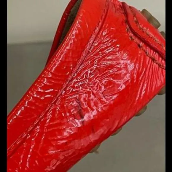 Tory Burch Designer Red Patent Crinkle Leather Flat Loafers Shoes Sz 7