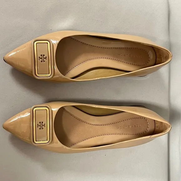 Tory Burch Leather Pointed Toe Block‎ Heel Pumps Beige Size 5M