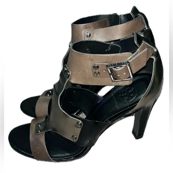 TORY BURCH Metallic Teagan Leather Caged T Strap GLADIATOR Heels 9.5M $399MSRP