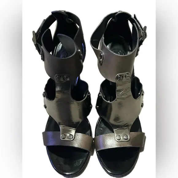 TORY BURCH Metallic Teagan Leather Caged T Strap GLADIATOR Heels 9.5M $399MSRP
