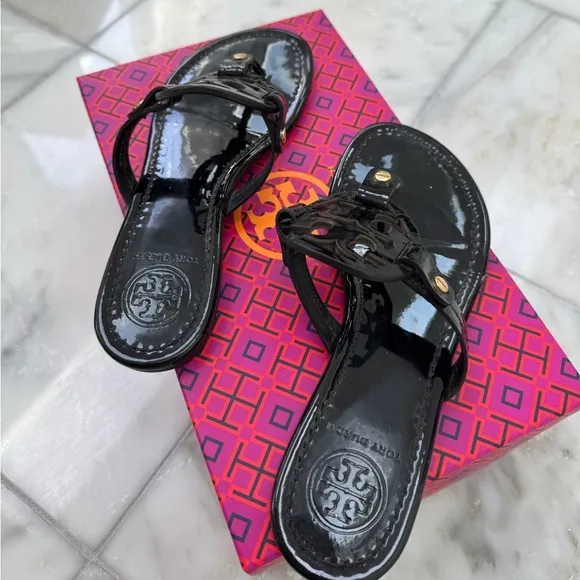 Tory Burch Miller Sandals Black Patent Leather Size 6