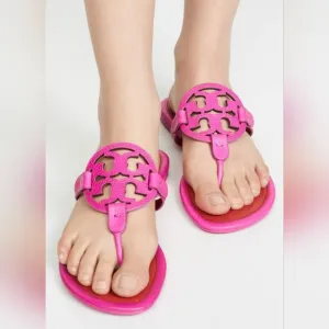 Tory Burch Miller Tumbled Leather Thong Sandals Imperial Pink/Brill8ant Red 9