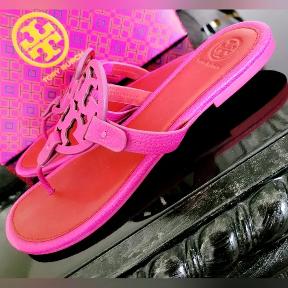 Tory Burch Miller Tumbled Leather Thong Sandals Imperial Pink/Brill8ant Red 9