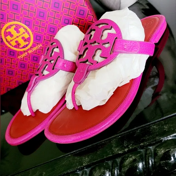 Tory Burch Miller Tumbled Leather Thong Sandals Imperial Pink/Brill8ant Red 9