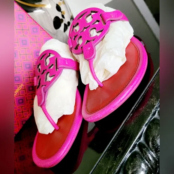 Tory Burch Miller Tumbled Leather Thong Sandals Imperial Pink/Brill8ant Red 9
