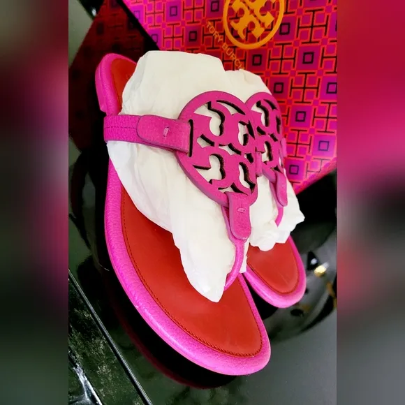 Tory Burch Miller Tumbled Leather Thong Sandals Imperial Pink/Brill8ant Red 9