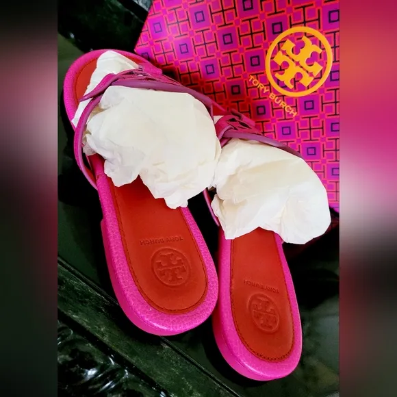 Tory Burch Miller Tumbled Leather Thong Sandals Imperial Pink/Brill8ant Red 9