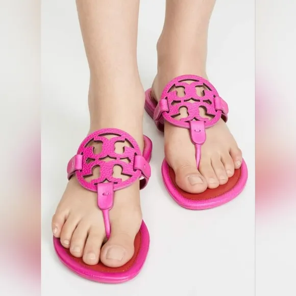 Tory Burch Miller Tumbled Leather Thong Sandals Imperial Pink/Brill8ant Red 9