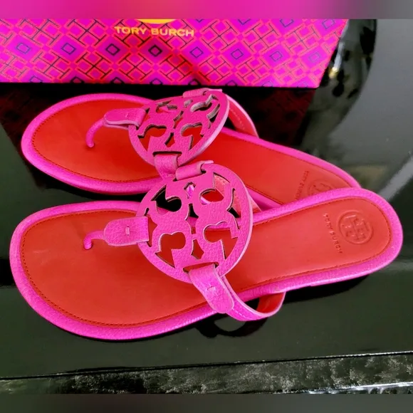 Tory Burch Miller Tumbled Leather Thong Sandals Imperial Pink/Brill8ant Red 9