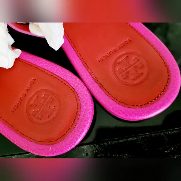 Tory Burch Miller Tumbled Leather Thong Sandals Imperial Pink/Brill8ant Red 9