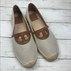 Tory Burch Sidney Flats Espadrille Slip On Logo Leather Brown Tan New 8 1/2