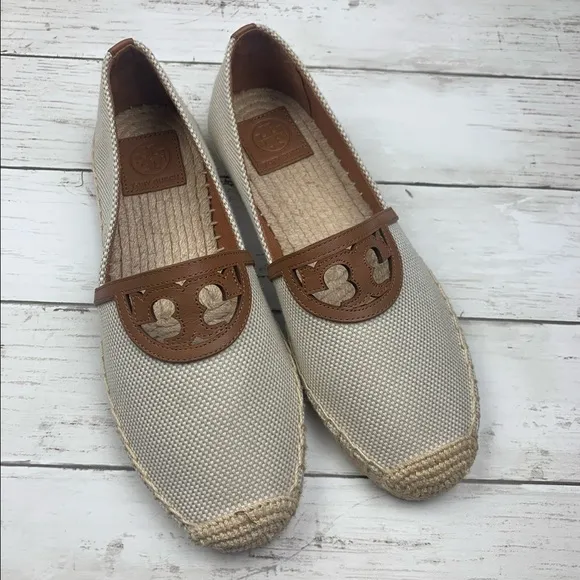 Tory Burch Sidney Flats Espadrille Slip On Logo Leather Brown Tan New 8 1/2