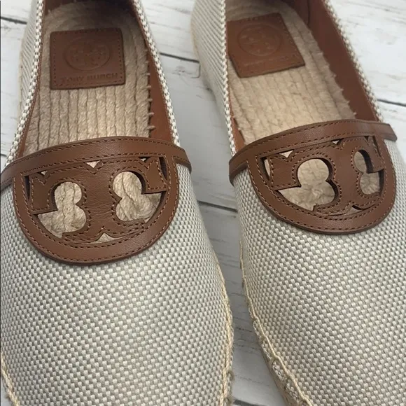 Tory Burch Sidney Flats Espadrille Slip On Logo Leather Brown Tan New 8 1/2