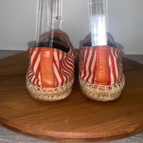 Tory Burch Size 9 Beacher Canvas Espadrille Flats Stiped Red Natural Logo Shoes