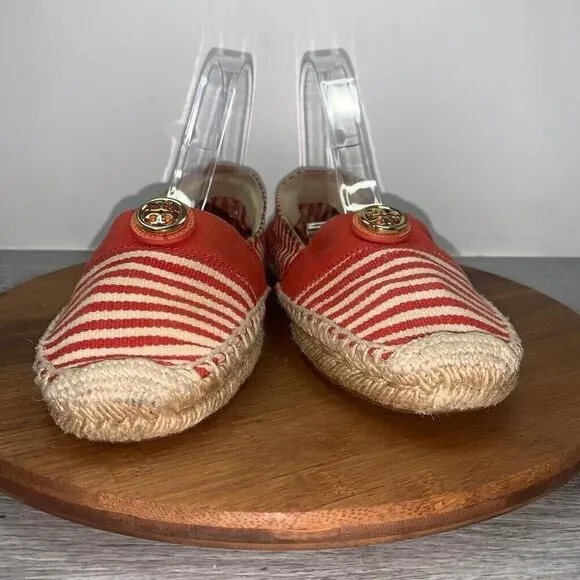 Tory Burch Size 9 Beacher Canvas Espadrille Flats Stiped Red Natural Logo Shoes